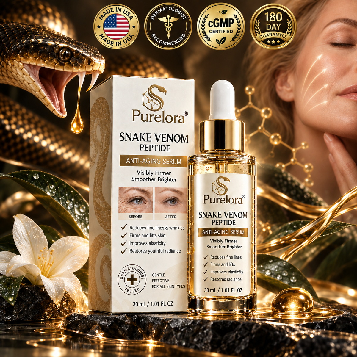🔥 LAST DAY: 80% OFF |Purelora® Snake Venom Peptide Renewal Serum – Firming, Fine Lines & Visible Marks Care