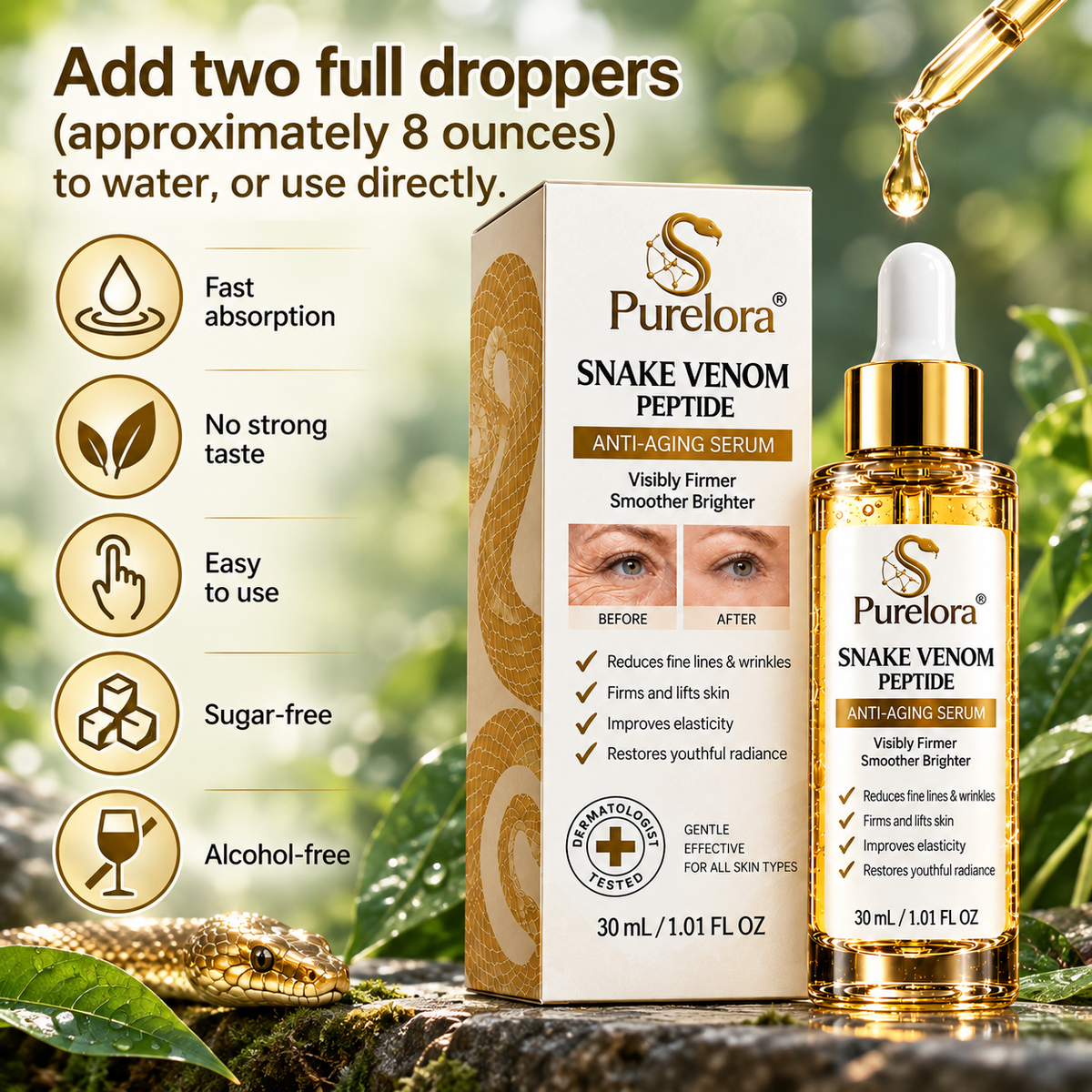 🔥 LAST DAY: 80% OFF |Purelora® Snake Venom Peptide Renewal Serum – Firming, Fine Lines & Visible Marks Care